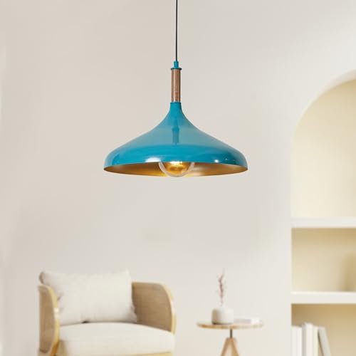 Luzarana Ufo Hängelampe Esstisch Skandinavisch aus Holz und Metall 35 cm, Pendelleuchte Esstisch, Hängelampe Wohnzimmer, Küchenlampe Hängend E27, Pendelleuchte Schlafzimmer, Wohnzimmer (Blau)
