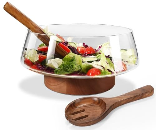 Airsent Extra Large Glass Salad Bowl with Lid Set, 5-Qt (160 fl oz) Mixing/Serving Bowl with Wood Base & Salad Servers, Trifle Bowl for Kitchen, Parties & Christmas