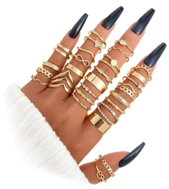 Dream Aurora 30pcs Gold Ring Set for Women, Stacking Knuckle Rings, Dainty Cubic Zirconia Crystal Rings, Ladies Gold Ring Set for Valentine's Day, Birthday Parties