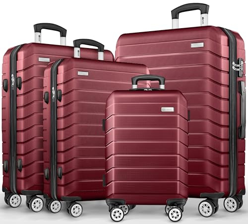 tillvex® Set di 4 valigie da viaggio + bilancia per bagagli, 4 cinghie per valigie e 4 etichette per bagagli, set da 4 ruote, trolley valigia TSA, serratura rigida M-L-XL, Rosso