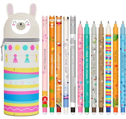Lot de 12 stylos gel effaçables - Kawaii Alpaga Trousse d'écolier 2 en 1, avec encre effaçable thermosensible, une variété de couleurs d'encre et de designs de tige, sonnette de vélo classique