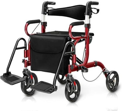 COSTWAY Rollator faltbar und leicht mit Sitz, 2 in 1 Rollstuhl & Reiserollator, Gehhilfe 6-fach höhenverstellbar, Gehwagen mit Tasche & Bremse & Stockhalter, Aluminium, klappbar für Senioren (Rot)