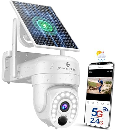 SYMYNELEC 2K Telecamera Wi-Fi Esterno con Pannello Solare, 5GHz/2.4GHz Videocamera Sorveglianza a Batteria con AI Rilevamento Umano e Allarme, Audio Bidirezionale, Compatibile con Alexa, IP65