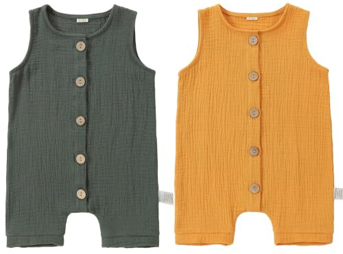 COOKY.D 2 Pack Green&Yellow Cotton Sleeveless Summer Romper,12-18 Months