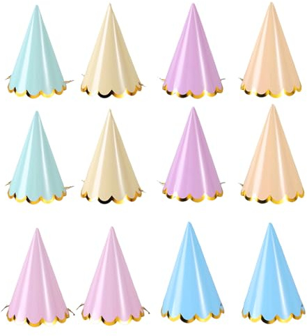 12 Pack Pastel Party Hats, Party Hats for Teddys & Toy Animals, Small Cone Birthday Hats, Childrens Birthdayparty Hat with Elastic, Pastel Coloured Partyhats for Birthdays, Weddings & Themed Events