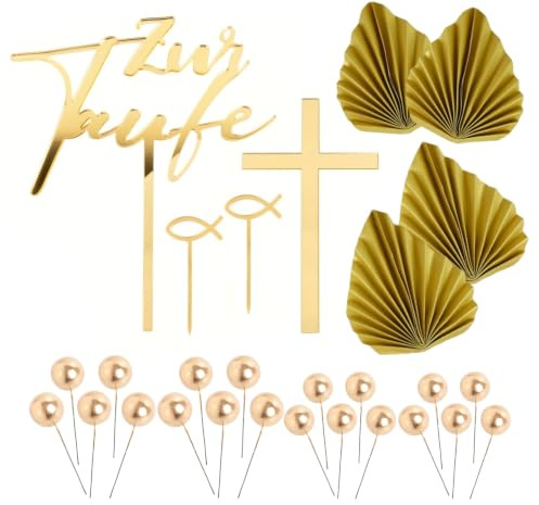 CVDYWDJIE 4 Pièces Inserts Croix Dorées, 20 Boules Dorées, 2 Paires D'Inserts Feuilles, Décoration De Gâteau, Adapté Aux Célébrations De Communion Et De Baptême.