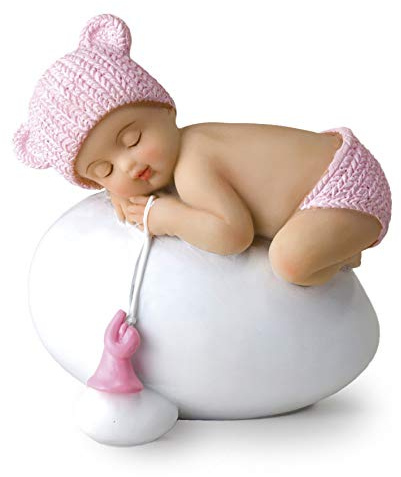 Figurine bébé rose dormant sur un œuf, 7,5 x 8 cm.