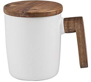 Atfung keramikkopp med trälock och trähandtag, kaffekopp, enkel kaffekopp, presentkopp, 350 ml (vit)