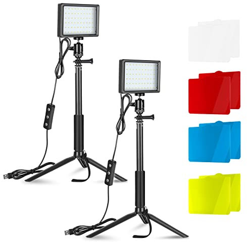 NEEWER Basic 2er Pack Farbtemperatur 5500 K LED Beleuchtungsset für das Tischfotostudio mit Stativbasis, orange,Blaue und transparente Farbgelfilter für Fotostudioprodukte, Spielzeug, Schmuckaufnahmen