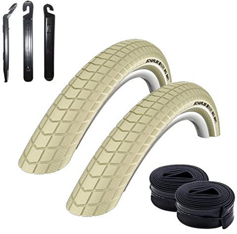2 x Schwalbe Big Ben Fahrradreifen Fahrradmantel mit Reflex in Creme 55-559 (26 x 2.15) + 2 Schwalbe Schläuche DV13 inkl. 3 Reifenheber