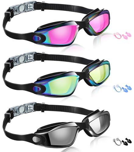 Flutesan 3 Pack Swimming Goggles for Adult Kids No Leaking Silicone Anti Fog Swim Glasses with Nose Clip Ear Plugs Pool Goggles, 3 Colors(Classic Color,6.3 x 1.8 Inches)