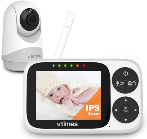 VTimes Babyskärm med kamera och ljud, 3,2-tums IPS-skärm, babyvideoskärm, ingen WiFi-mörkerseende, bärbar babykamera, VOX-läge, panoramalarm och räckvidd