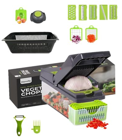 Ramify Affettaverdure 14 in 1 Mandolina Affettaverdure Multifunzionale Gadget da Cucina per Chopper Cipolla Chopper Formaggio Grattugia Pelapatate Cutter e Dicer