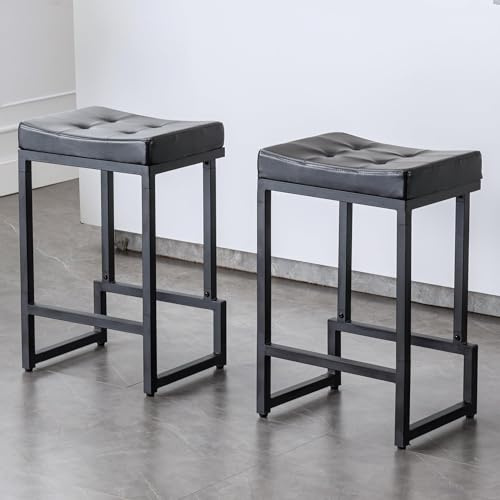 FIRAVOE Bar Stools Set of 2, 24 Counter Height Bar Stools, Faux Leather Barstools for Kitchen Island, Backless Saddle Stools with Metal Legs (Black, 2PCS 24 Counter Stools)