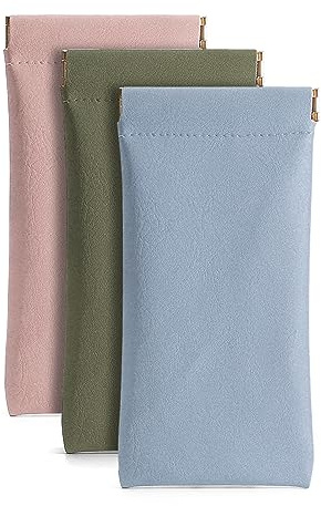 Ldirect 3 Pack Leather Eyeglasses Cases PU Soft Sunglasses Pouch Squeeze Top Portable Glasses Cases for Men and Women (Pink Blue Green)