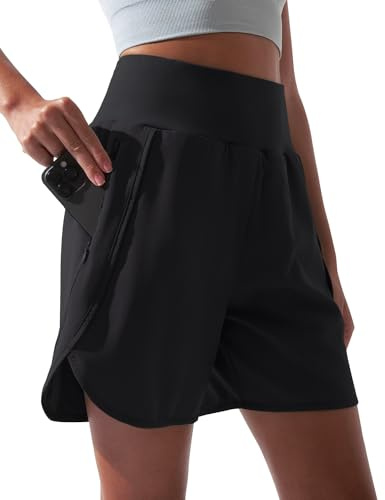 BebreezChic Sporthose Kurz Damen Sommer Hohe Taille Sport Shorts 2 in 1 mit Tasche Schnelltrocknende Running Shorts Fitness Yoga Kurze Hose
