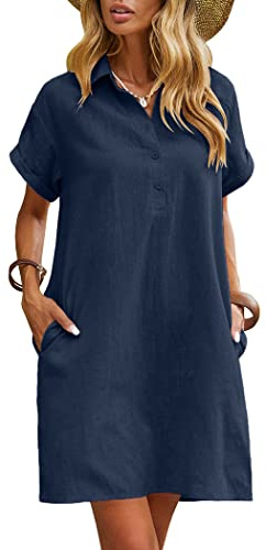 Zeagoo Women's Summer Linen Dress Casual Shift Dresses Short Sleeve Beach Tunic Dress for Ladies Navy Blue S