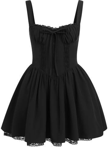 OBEEII Women's Corset Mini Dress Square Neck Spaghetti Strap Summer Floral Sundress Floral Print Lace Up Fitted Dress Black L