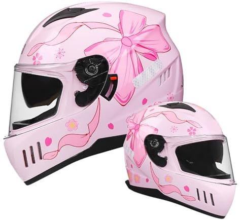 YPDOPORA Casque De Moto Intégral pour Filles Mignonnes, Casques Intégrés avec Espace Bluetooth Réservé, Casque De Rue pour Locomotive Certifié Dot,Rose,XL60~61CM