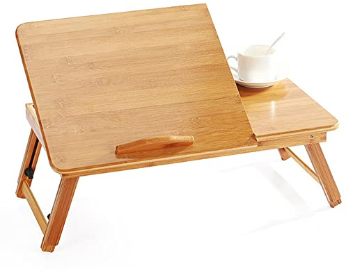 Sängbord, litet bord för bärbar dator i bambu, surfplatta, frukostbricka, liten låda, bordsskiva, justerbar bärbar för dator-66 x 30 x 35 cm – träfärg