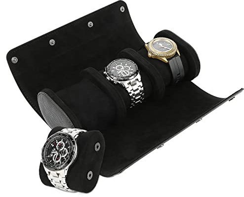 BAIGIO Scatola cilindrica per orologi con 3 scomparti, in pelle, per uomini e donne, colore nero