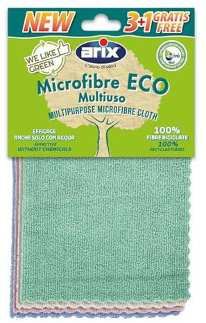 Arix | 4 Panni in Microfibra Riciclata Multiuso della Linea We Like Green, 30x30 cm Panni in Microfibra Colorati per Tutte le Superfici, Per Pulire e Spolverare, 4 Pezzi