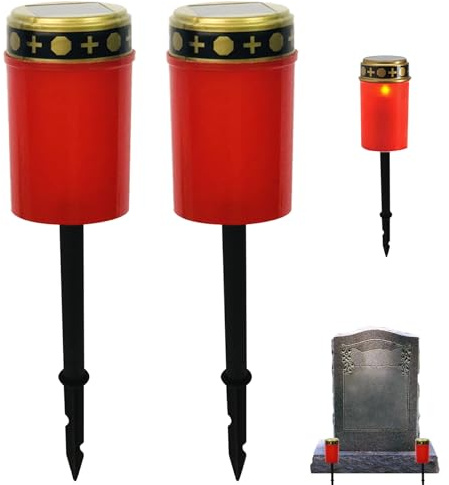 Peosaard Grave Candle, Solar Grave Lights 2PCS Waterproof Solar Cemetery Lights for Grave Flameless Solar Memorial Lights Outdoor Stake Lights for Grave Memorial, Grave Lights, Red