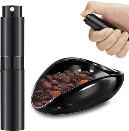 Hshenjhu Juego de Taza Dosificadora de Granos de Café, Cuenco Dosificador de Cerámica con Botella Pulverizadora RDT, Accesorios de Café, para Recipiente Espresso Regalo para Amantes Café