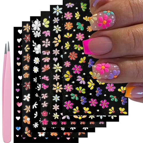 YOSOMMK Nail Art Stickers Decals 5D Embossed Flower Nail Decals Self Adhesive Spring Summer Heart Daisy Nail Supplies 3D Nail Design for Women Nail Decoration Colorful Flower Nail Stickers