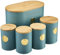 Cooks Professional 5 Piece Ribbed Tea Coffee Sugar Bread & Biscuit Cannisters with Air-Tight Bamboo Lids | Stainless Steel Kitchen Storage Bin Set | Modern & Stylish | Teal & Gold