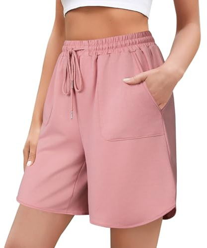 Aottori Löparshorts för kvinnor, sommar, sport, kortbyxor, sweatshirt, träningsoverall, underdel, hög midja, bomull, vardaglig, lounge, gym, dragsko joggingbyxor med fickor, Puderrosa, L