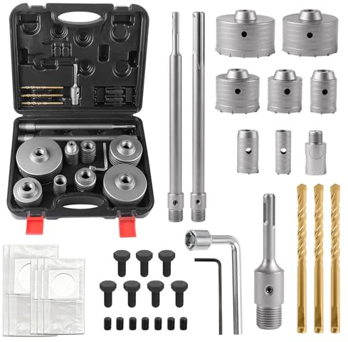 EXLECO 37 pcs Carotatrice a Tazza per Muro, Cava 30/40/50/65/80/100/110 mm, Frese a Tazza per Cemento con Punte Trapano SDS Plus da 110 mm 300 mm e Testa Trapano Muro SDS Max, per Calcestruzzo