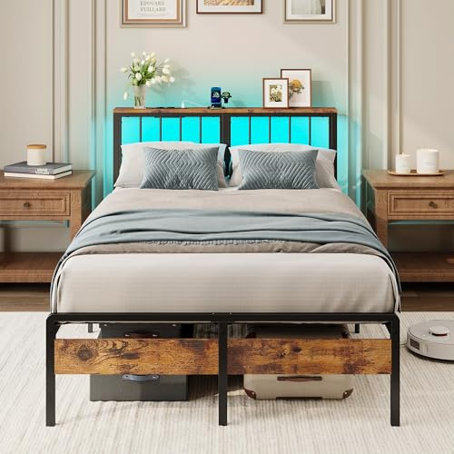 IRONCK Bett 120x200 mit LED-Beleuchtung, Kopfteil und Ladestation (2 Steckdosen, USB-A und USB-C-Anschlüssen), Jugendbett mit Metall-Lattenrost, Stauraum unter dem Bett, Doppelbett für Schlafzimmer