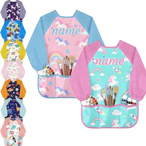 Farmelov Personalised Kids Art Smock with Name Custom Toddler Waterproof Artist Painting Apron with 3 Pockets Long Sleeve for Boy Girl Gifts-ColorPainting