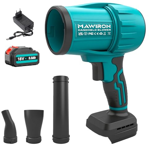 Soplador de Hojas inalámbrico con batería de 18 V 5,5 Ah y Cargador – Motor de Alta Velocidad hasta 32.000 RPM – Sistema de Control Variable de la Velocidad del Viento – Boquillas 3 en 1 para Hojas