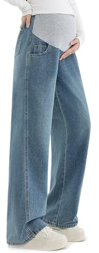 Alled Maternity Jeans Over Belly, Womens Pregnancy Wide Leg Stretchy Adjustable Waist Pants, Maternity Jeans Loose with Pockets Lounge Trousers