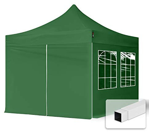 TOOLPORT Gazebo Pieghevole Giardino 3x3m - 4 Laterali (con finestre) Telo 700N Poliestere Idrorepellente Padiglione Mercati Sagre Verde