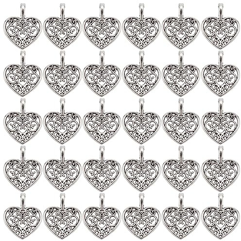 PH PandaHall 100pcs Heart Charms Silver Charms, Hollow Heart Pendants