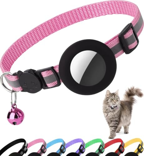 Collier Chat Airtag, Collier pour Chat Anti-étranglement avec Protecteur Airtag et Cloche, pour Toutes Les Tailles de Chats, Large de 1 Centimètres et Léger (Rose)