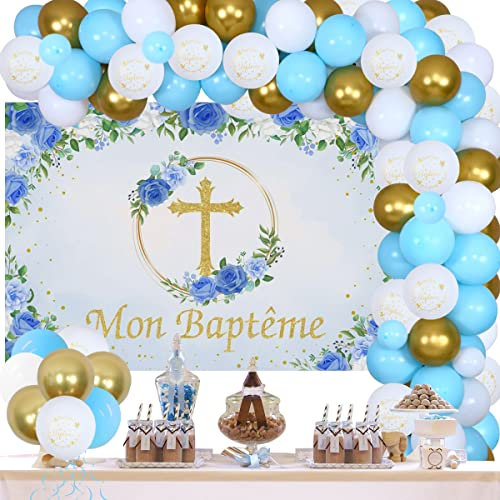Kreatwow DéCoration De BaptêMe Bleu GarçOn Fille Mon Baptême Bannière Fond De La FêTe De Baptême DéCoration De La PremièRe Communication Ballons Blancs Doré Guirlande Bapteme Fleur FêTe De BéBé Douche