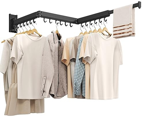 CHAHUANV Wäscheständer Wandmontage ausziehbar & klappbar, platzsparender Wand Wäscheständer aus Aluminium, Wand Wäschetrockner für Bad, Balkon & Waschküche, 100 kg Tragkraft, Schwarze Haken