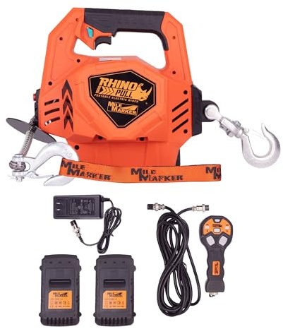Mile Marker 71-1000 71-1000-29 Rhino Pull 1000 - Cabrestante eléctrico portátil | 11,9 metros de cuerda sintética | Levanta o tira hasta 453,6 kg | Incluye batería adicional