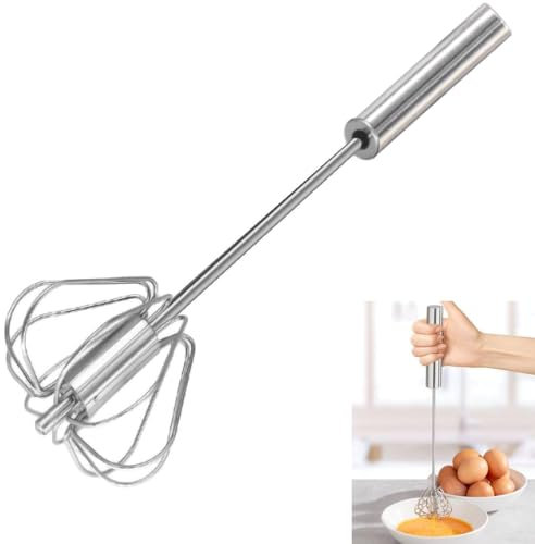 Hand Push Rotary Whisk Blender, Stainless Steel Egg Beater, Versatile Milk Frother, Semi-Automatic for Blending, Whisking & Stirring (12in)