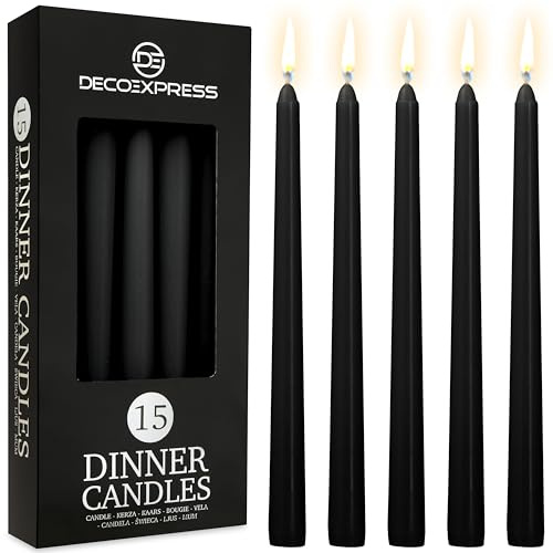 DECO EXPRESS Candles Set, Pack of 15 Classic Dripless Tapered Metallic Dinner Candles, Unscented with 8 Hours Burning Time, Home, Valentine’s Day & Mother’s Day Decor Idea (Black, 15 Pack)