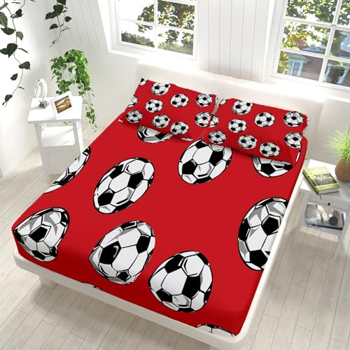 Fitted Bed Sheets Double Cartoon Style Football Red Fitted Sheets Deep Fit 12inch Warm Sheets, Soft Brushed Microfibre Fitted Sheets, Christmas Bedsheet Sets with 2 Pillowcases