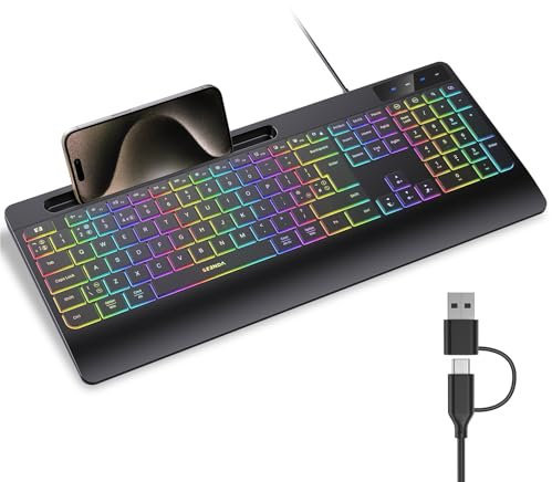Seenda KOE200 Wired RGB Backlit Keyboard Quiet with Phone Holder and Palm Support for Windows and Mac OS Systems, 2-in-1 USB and Type C Connector for PC Laptop Computer MacBook iMac, Black