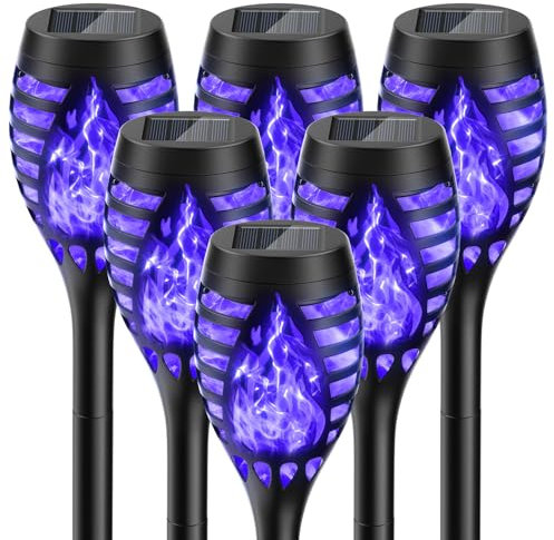 GEARLITE Lot de 6 lampes solaires pour extérieur et jardin - Torches solaires violettes - Effet flamme réaliste - IP65 - Étanche - Décoration de jardin - Lampe solaire pour extérieur, arrière-cour,