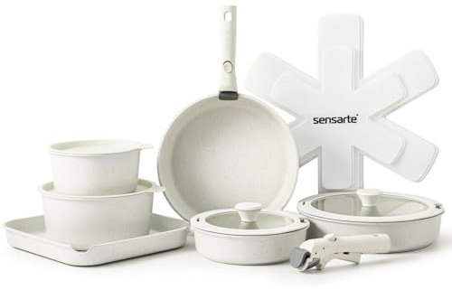 SENSARTE Set di Pentole 17 Pezzi con Manici Rimovibili, Antiaderente in Granito, Compatibile con Induzione e Gas, Include Padelle, Casseruole e Grill, Impilabile e Lavabile in Lavastoviglie