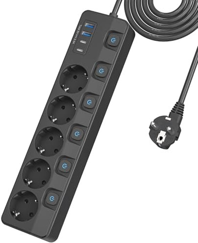 KEPLUG - Presa multipla a 5 prese, con interruttore, commutabile singolarmente, con 4 USB, protezione da sovratensione, montaggio a parete, 2 m, prolunga da ufficio, cucina, tavolo