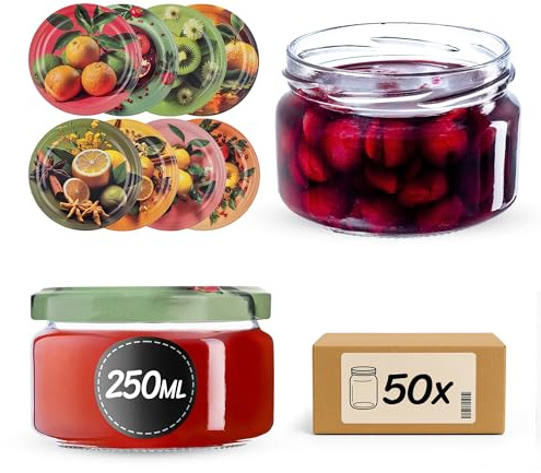 KADAX Tarros pequeños de 250 ml, tarros de mermelada con tapa, frascos herméticos para regalar, minitarros para miel y especias (frutas exóticas, 50 unidades)